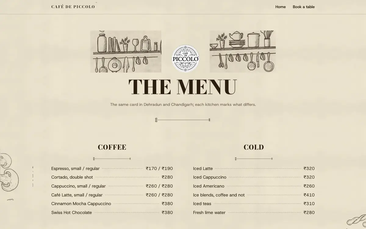 The card: the menu, on a desktop