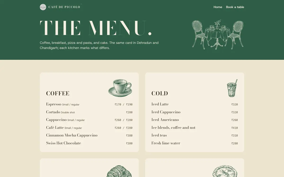 The coast: the menu, on a desktop