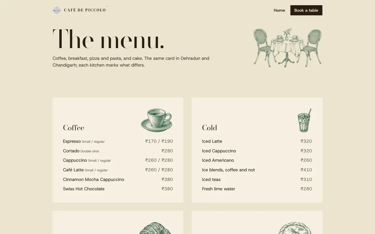 The cookbook: the menu, on a desktop