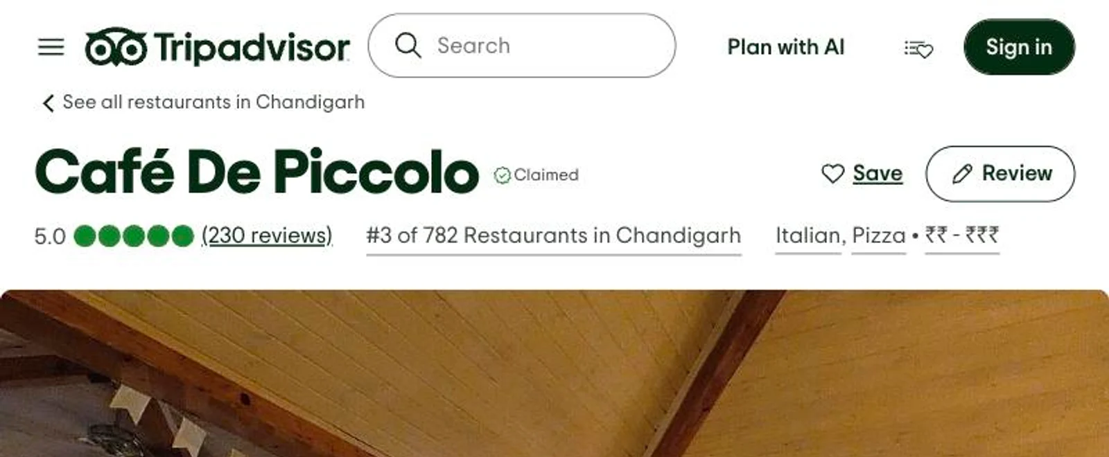 The Tripadvisor listing for Café De Piccolo: Claimed, 5.0 from 230 reviews, #3 of 782 restaurants in Chandigarh, Italian and Pizza, with the top of the lead photograph.