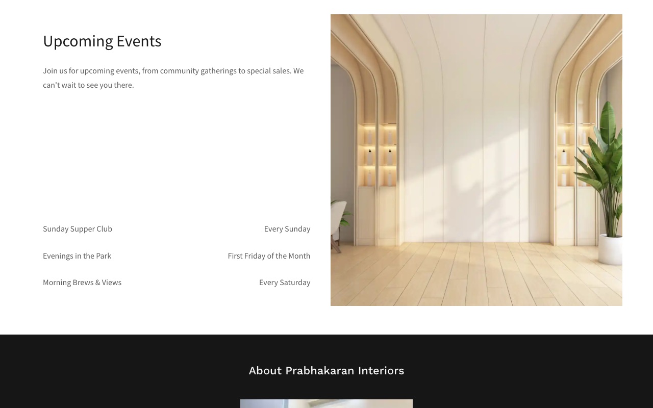 The Upcoming Events section of the website: Sunday Supper Club, Evenings in the Park, Morning Brews & Views, beside a stock photograph.
