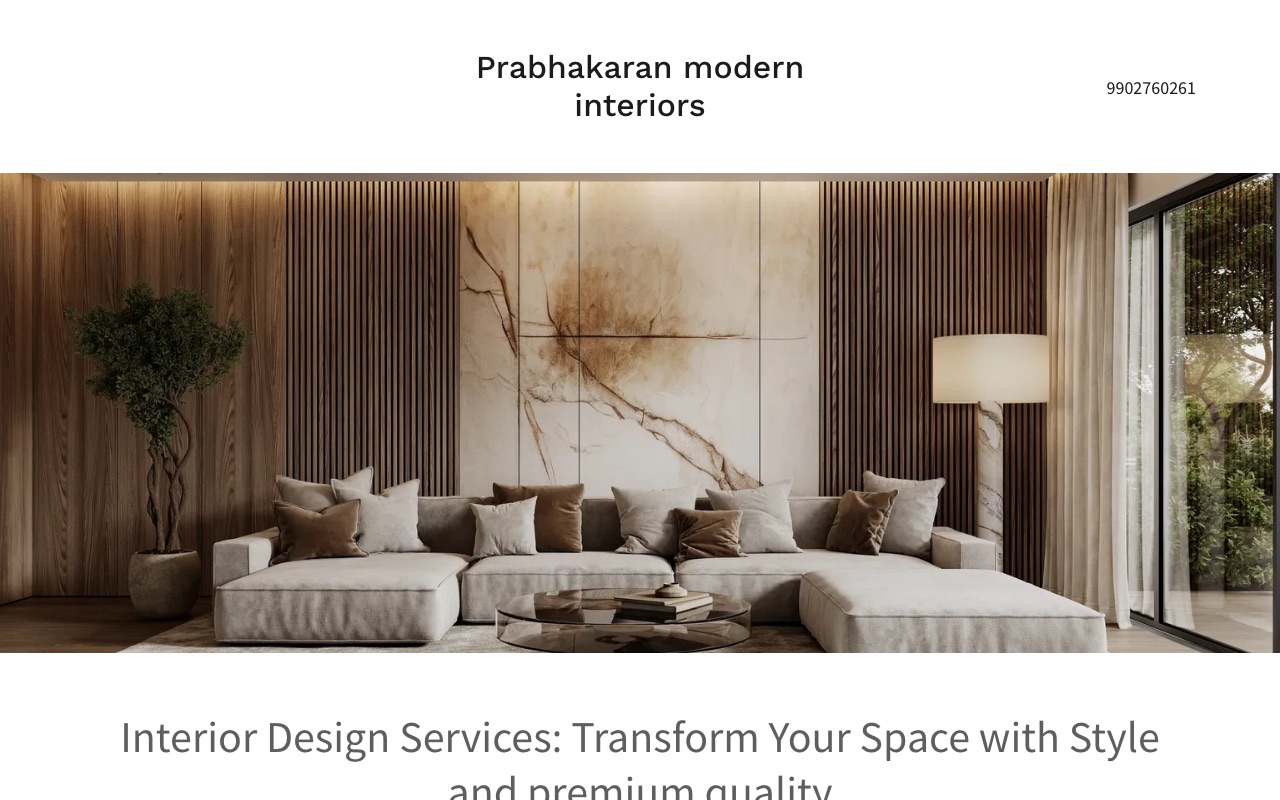 The first screen of prabhakaranmoderninteriors.info: the business name above a stock photograph of a sofa against a marble wall.